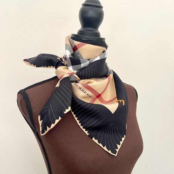 NWT Burberry Beige Check Black Border Silk Scarf - Picture 15 of 16